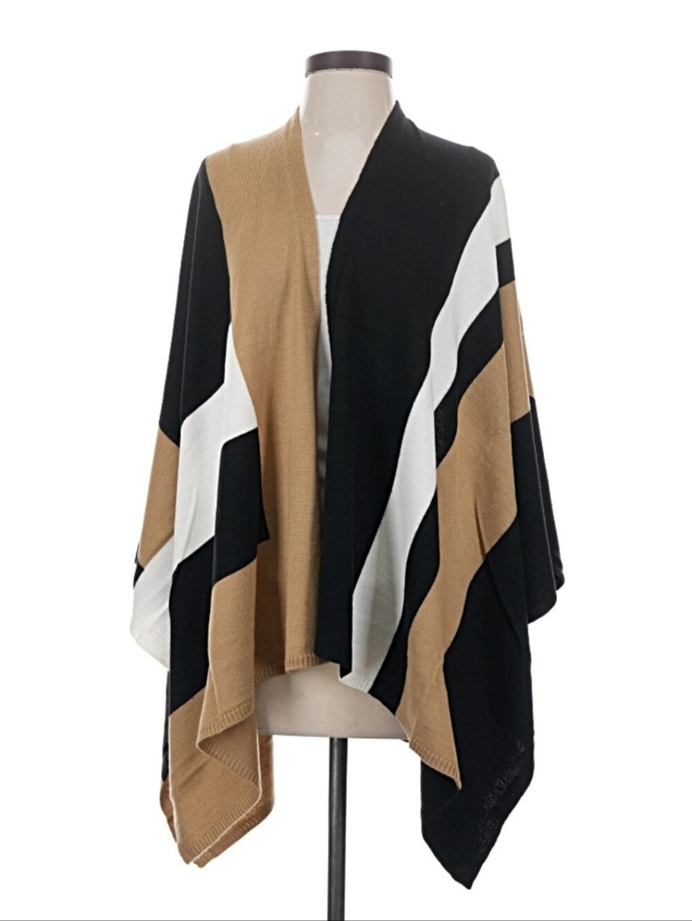 Parrish LA Striped Poncho Cardigan One Size Black Tan White